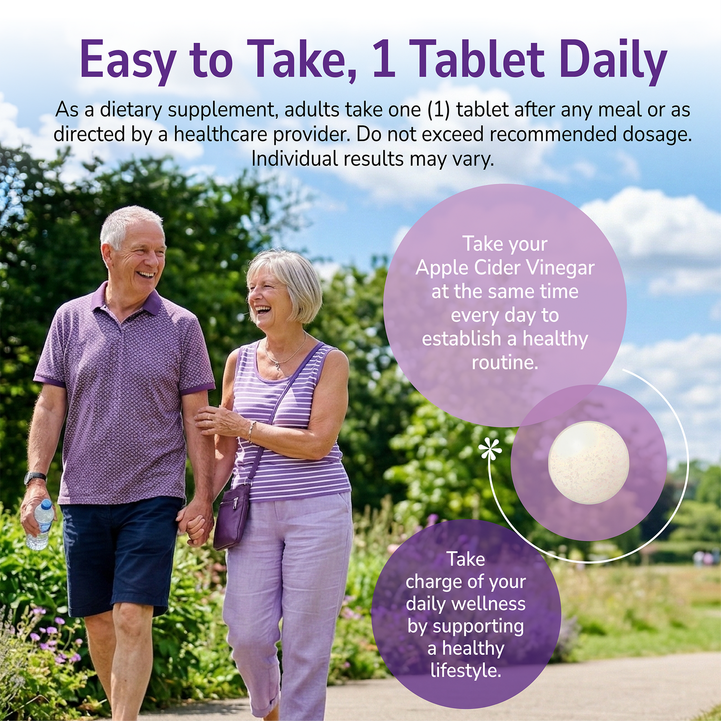 Man and woman walking outdoors with a product advertisement overlay and product directions