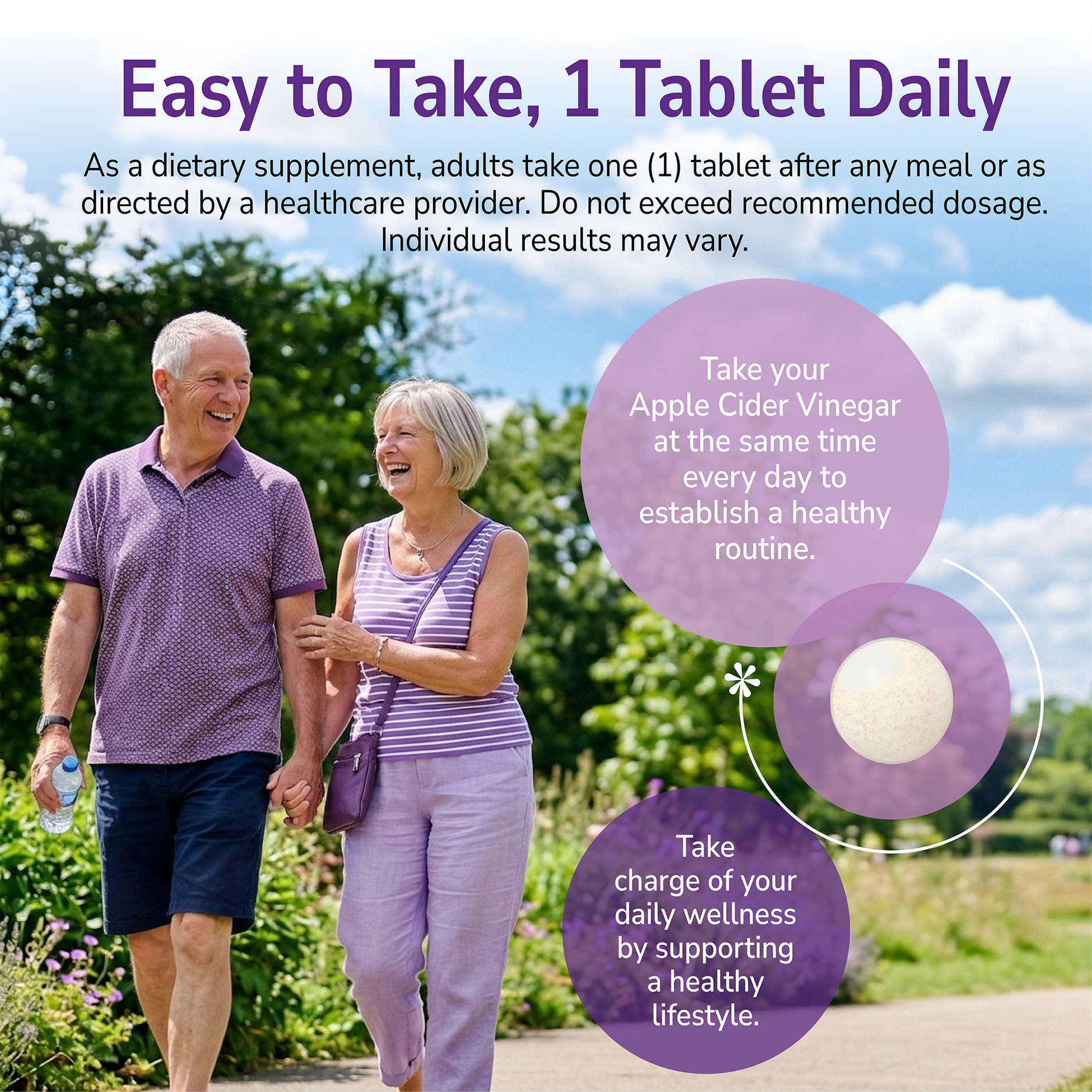 Man and woman walking outdoors with a product advertisement overlay and product directions