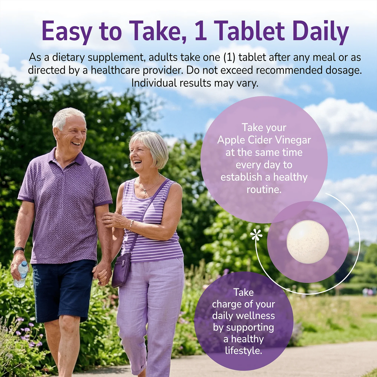 Man and woman smiling outdoors with a product advertisement overlay and product directions