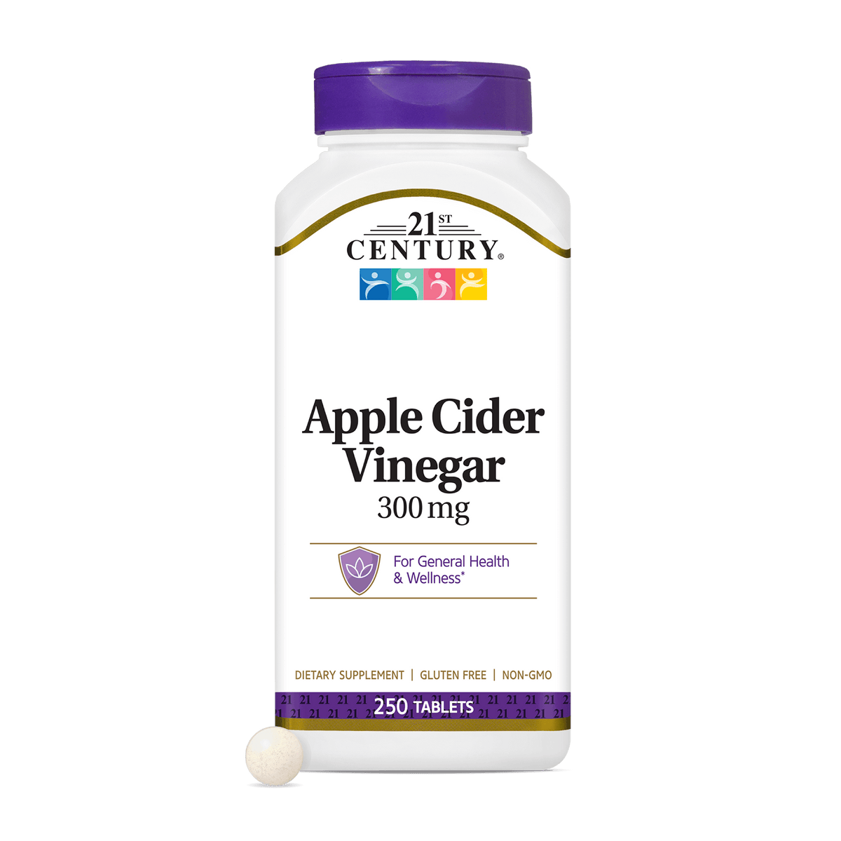 A white bottle of 21st Century Apple Cider Vinegar 300 mg dietary supplement with a purple cap, shown on a solid black background with a single white tablet in front.