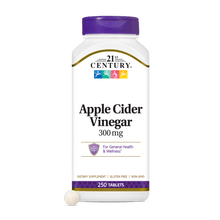 A white bottle of 21st Century Apple Cider Vinegar 300 mg dietary supplement with a purple cap, shown on a solid black background with a single white tablet in front.