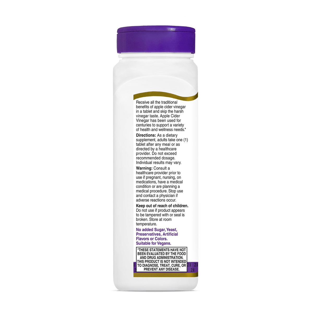 A white plastic bottle of Apple Cider Vinegar with a purple cap, shown from the back against a white background, displaying detailed product information and warnings in black text.