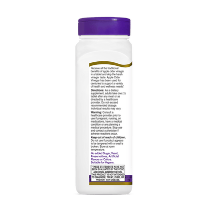 A white plastic bottle of Apple Cider Vinegar with a purple cap, shown from the back against a white background, displaying detailed product information and warnings in black text.