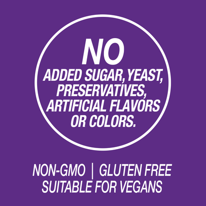 A graphic icon with the words no added sugar, yeast, preservatives, artificial flavors or colors, non-GMO, gluten free and suitable for vegans.
