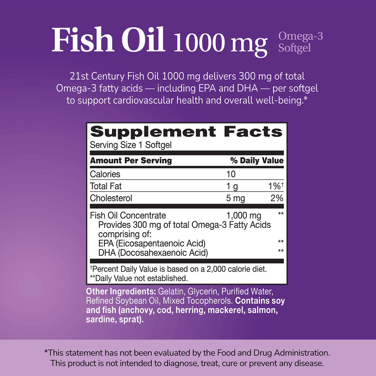 Supplement label for Fish Oil with ingredient list and serving size on a purple background 