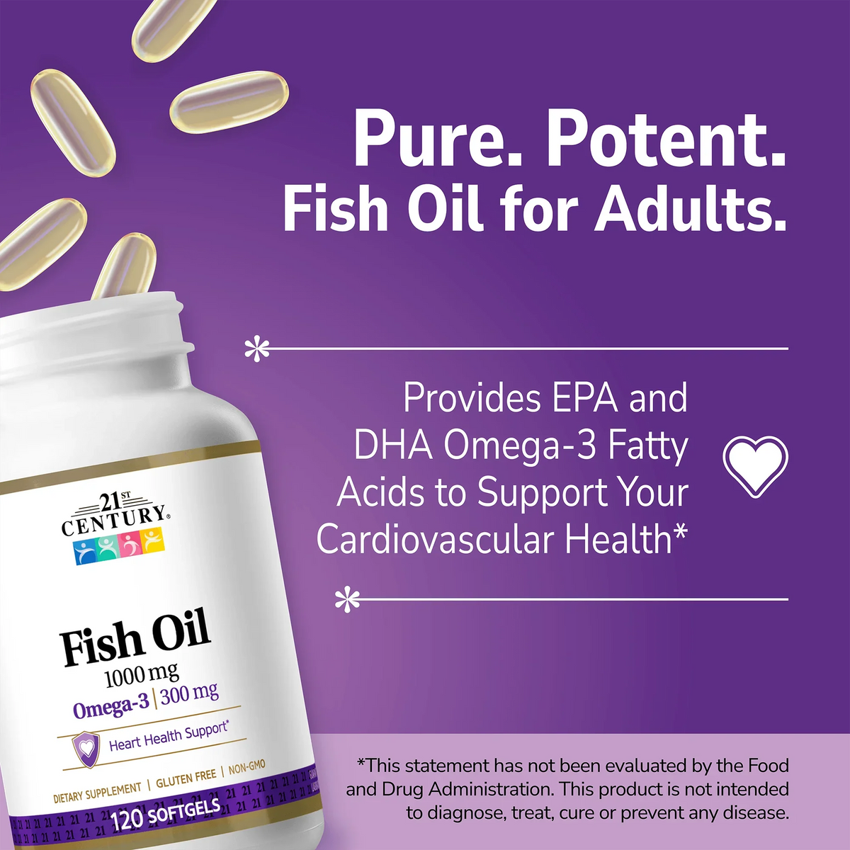 21st Century Fish Oil supplement bottle with pills spilling out and white text on a purple background