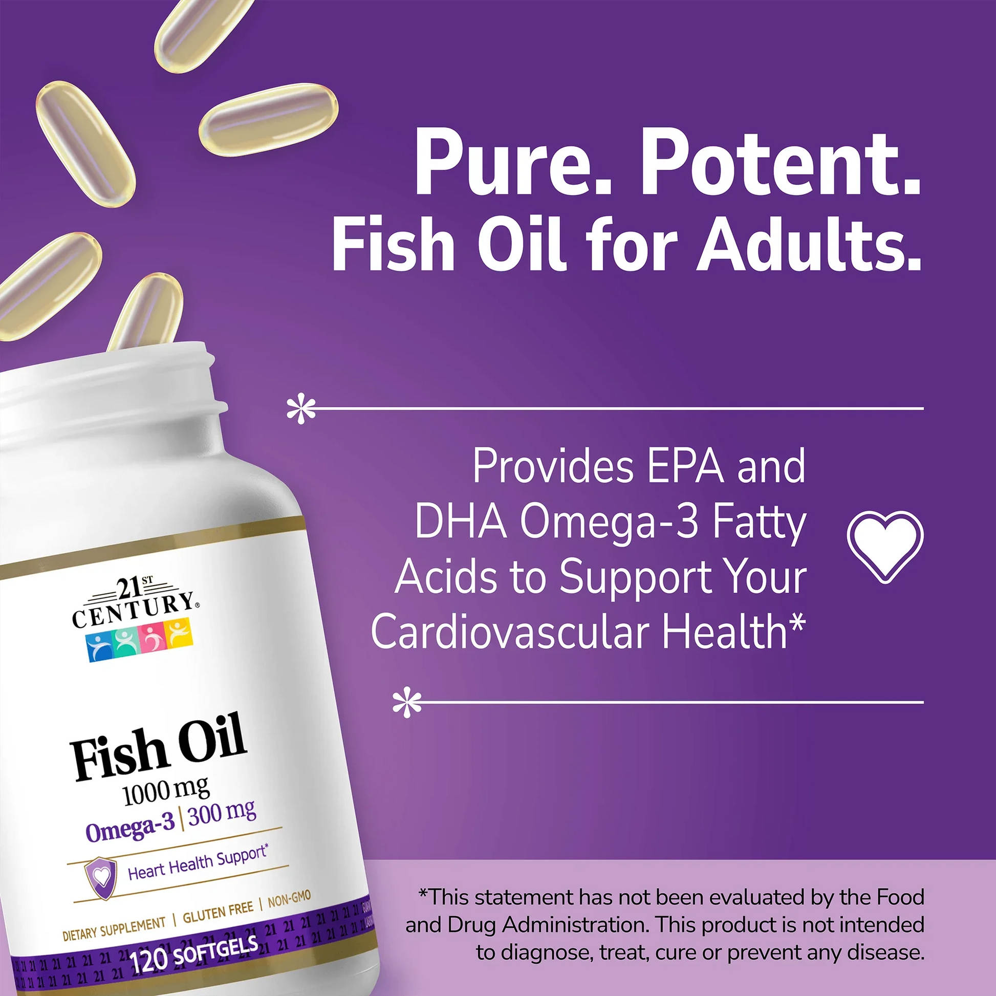 21st Century Fish Oil supplement bottle with pills spilling out and white text on a purple background