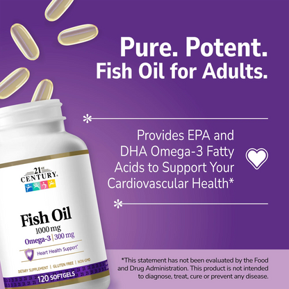 21st Century Fish Oil supplement bottle with pills spilling out and white text on a purple background