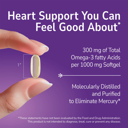 Hand holding a Fish Oil supplement with text about product benefits on a purple background