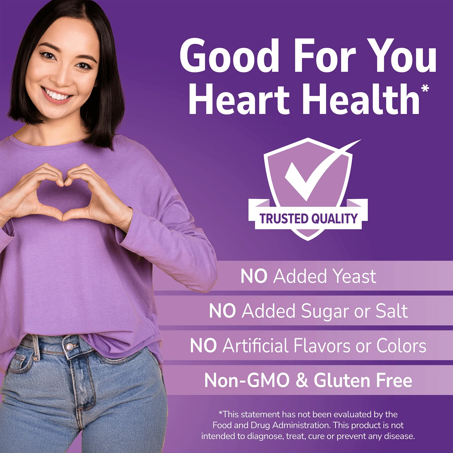 Woman holding her hand out with Good For You branding on a purple background and No Added info