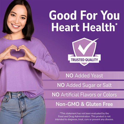 Woman holding her hand out with Good For You branding on a purple background and No Added info