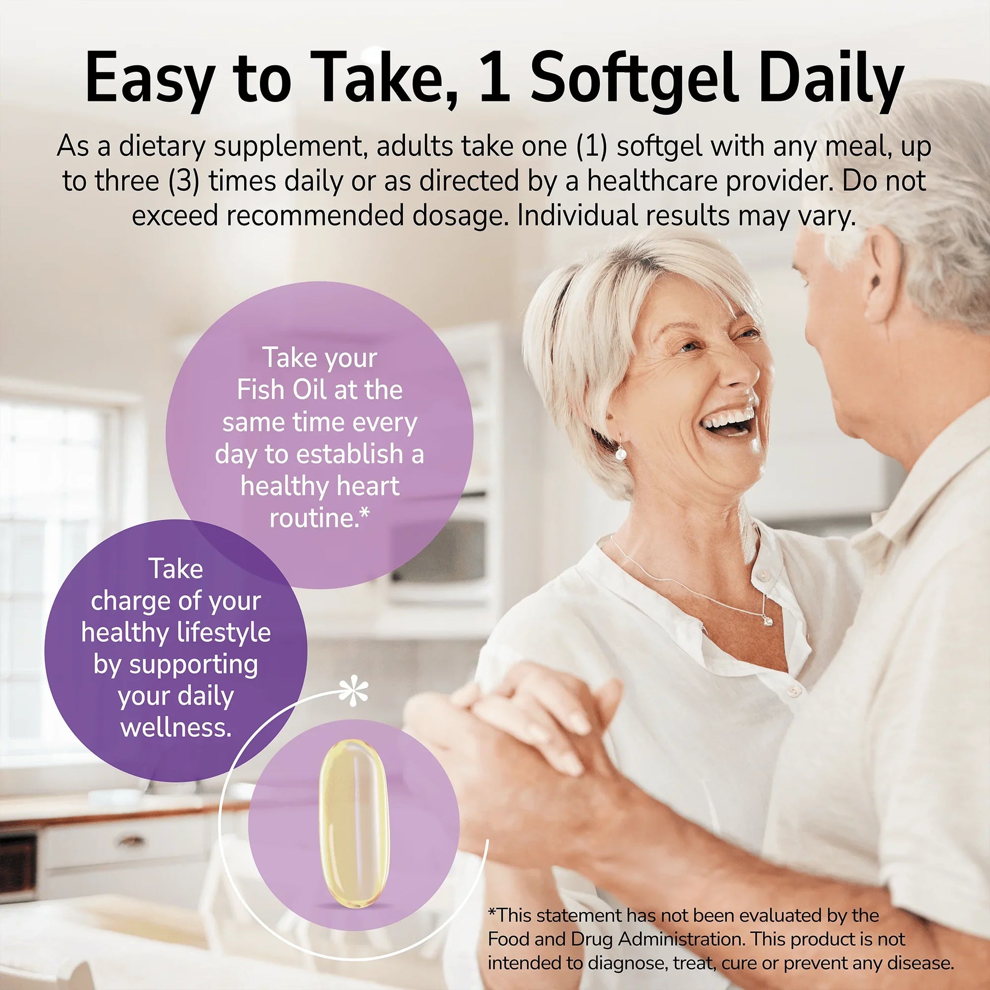 Man and woman smiling indoors with a product advertisement overlay and product directions