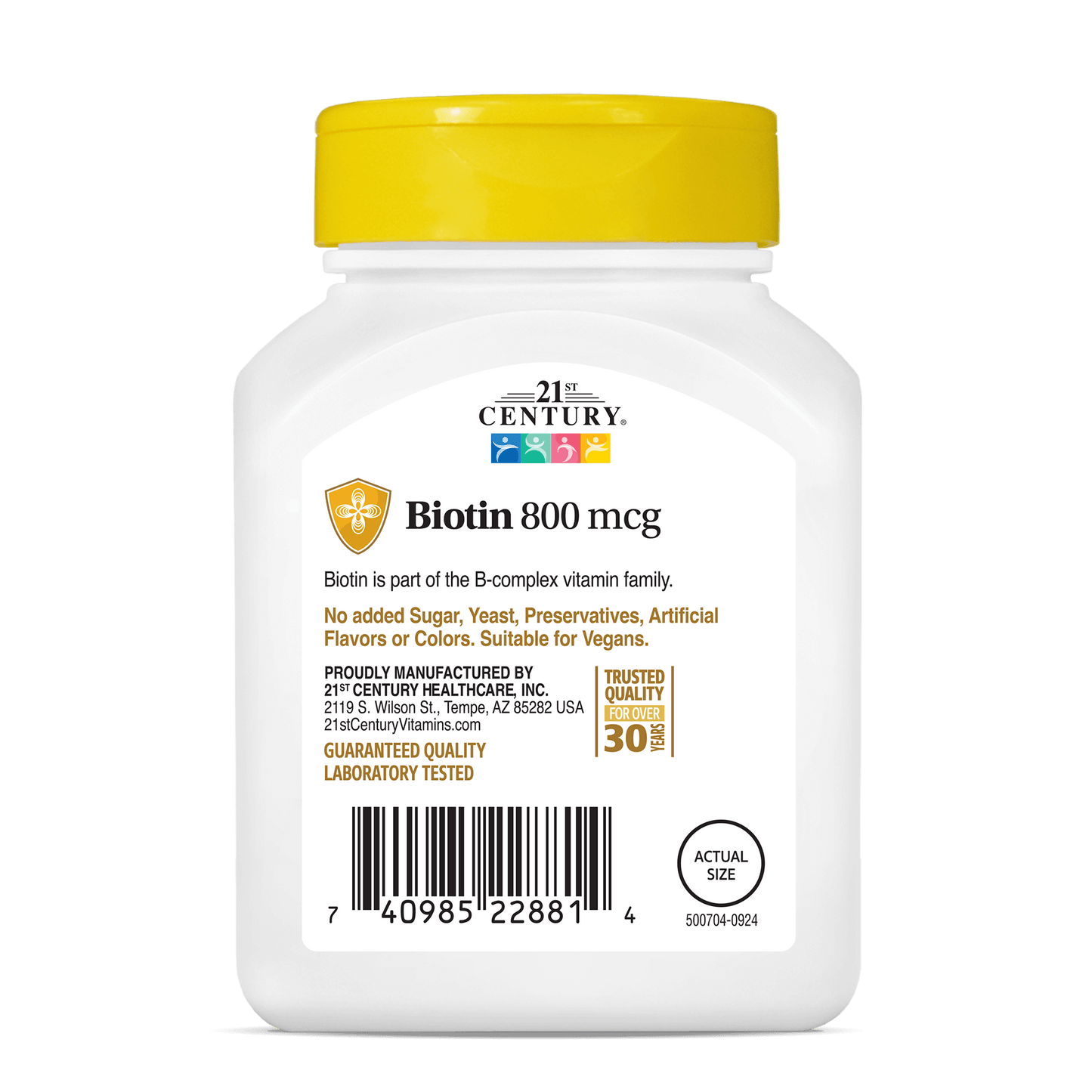21st Century Biotin 800mcg east to swallow tablets 110 count product bottle back with hair, skin and nails claim
