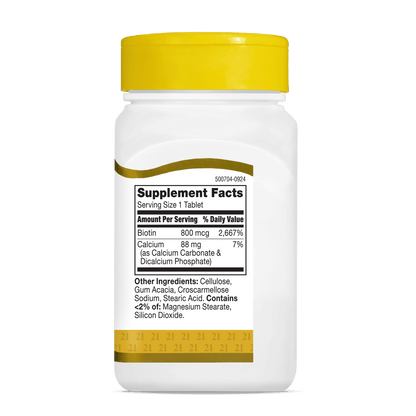 21st Century Biotin 800mcg east to swallow tablets 110 count product bottle side with supplement fact panel