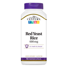 A bottle of 21st Century Red Yeast Rice 600 mg vegetarian capsules.