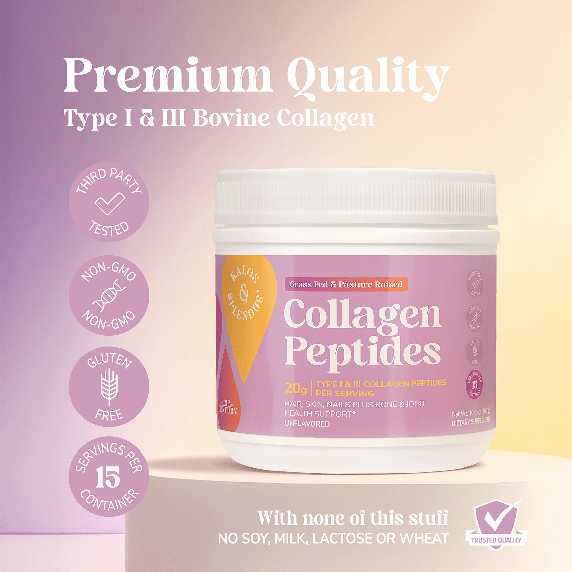A jar of kalos and splendor collagen peptides with the copy premium quality, type 1 and 3 bovine collagen a third party tested circle graphic with a check mark, a non-gmo circle graphic with a chemistry icon, a gluten free circle icon with a wheat icon and a circle graphic with the words 15 servings per container, a trusted quality seal and the nutrient claim, with none of this stuff, no soy, milk, lactose or wheat.