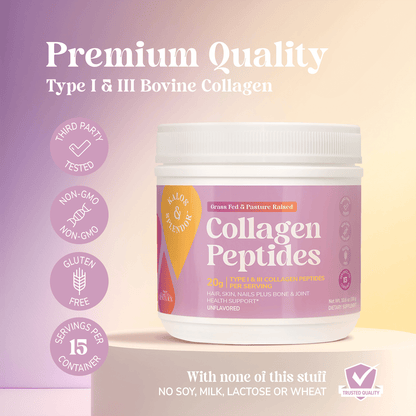 A jar of kalos and splendor collagen peptides with the copy premium quality, type 1 and 3 bovine collagen a third party tested circle graphic with a check mark, a non-gmo circle graphic with a chemistry icon, a gluten free circle icon with a wheat icon and a circle graphic with the words 15 servings per container, a trusted quality seal and the nutrient claim, with none of this stuff, no soy, milk, lactose or wheat.