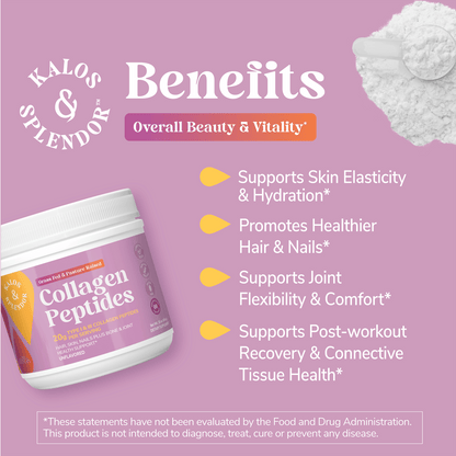 An image of 21st Century Kalos and Splendor collagen powder and the claims benefits, overall beauty and vitality, supports skin elasticity and hydration, promotes healthier hair and nails, supports joint flexibility, and comfort and supports post-workout recovery and connective tissue health.