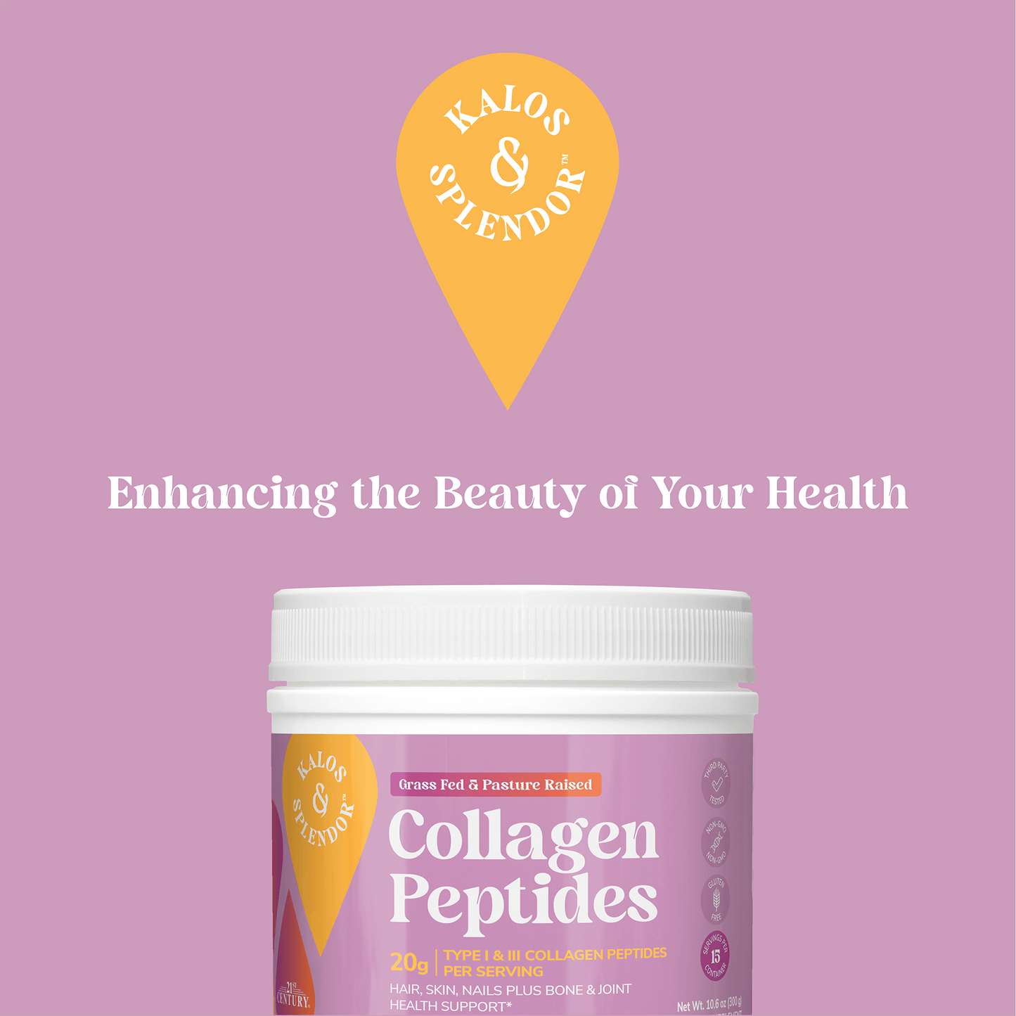 A bottle of Kalos & Splendor Collagen Peptides, the kalos & splendor logo and the copy enhancing the beauty of your health.