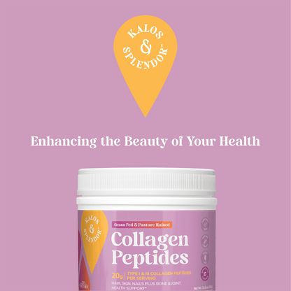 A bottle of Kalos & Splendor Collagen Peptides, the kalos & splendor logo and the copy enhancing the beauty of your health.