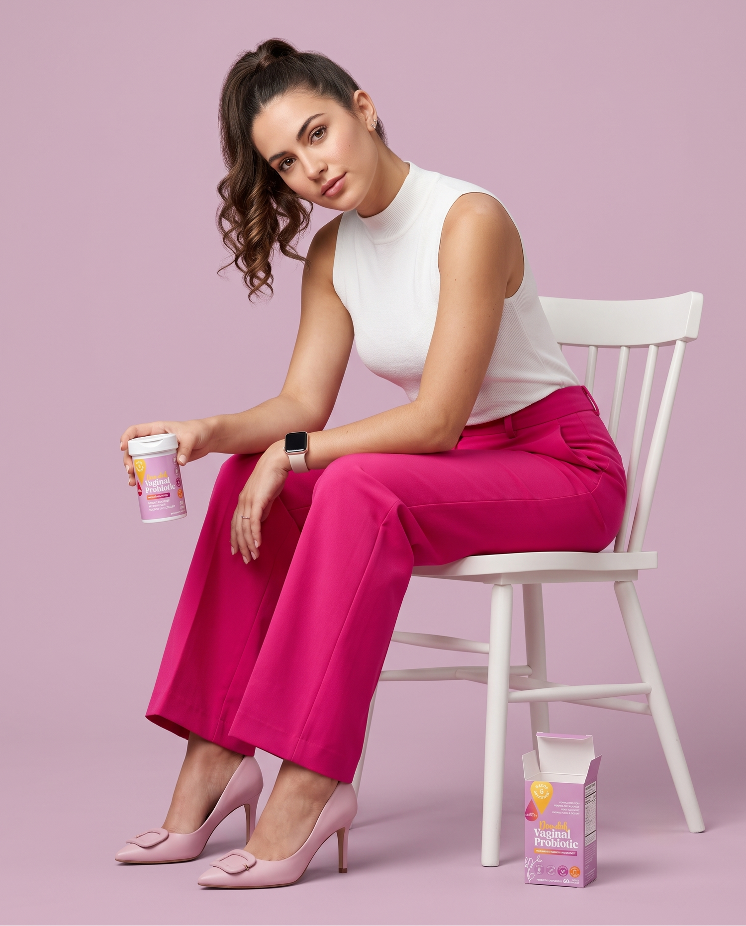 A woman sits on a white wooden chair against a solid pink studio background, wearing a white sleeveless top, bright pink wide-leg pants, and light pink heels. She holding Kalos & Splendor Doo-Dah Vaginal Probiotic with the carton placed on the floor beside the chair.