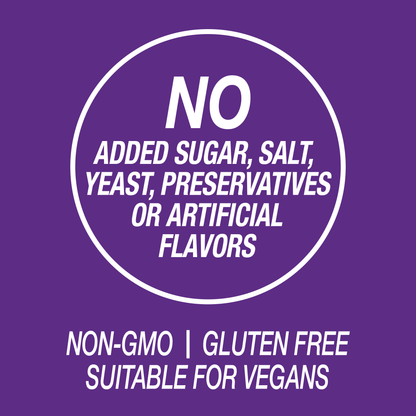 A graphic icon with the words no added sugar, salt, yeast, preservatives or artificial flavors, non-GMO, gluten free and suitable vegans.