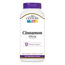 A bottle of 21st Century Cinnamon 1000 mg vegetarian capsules.