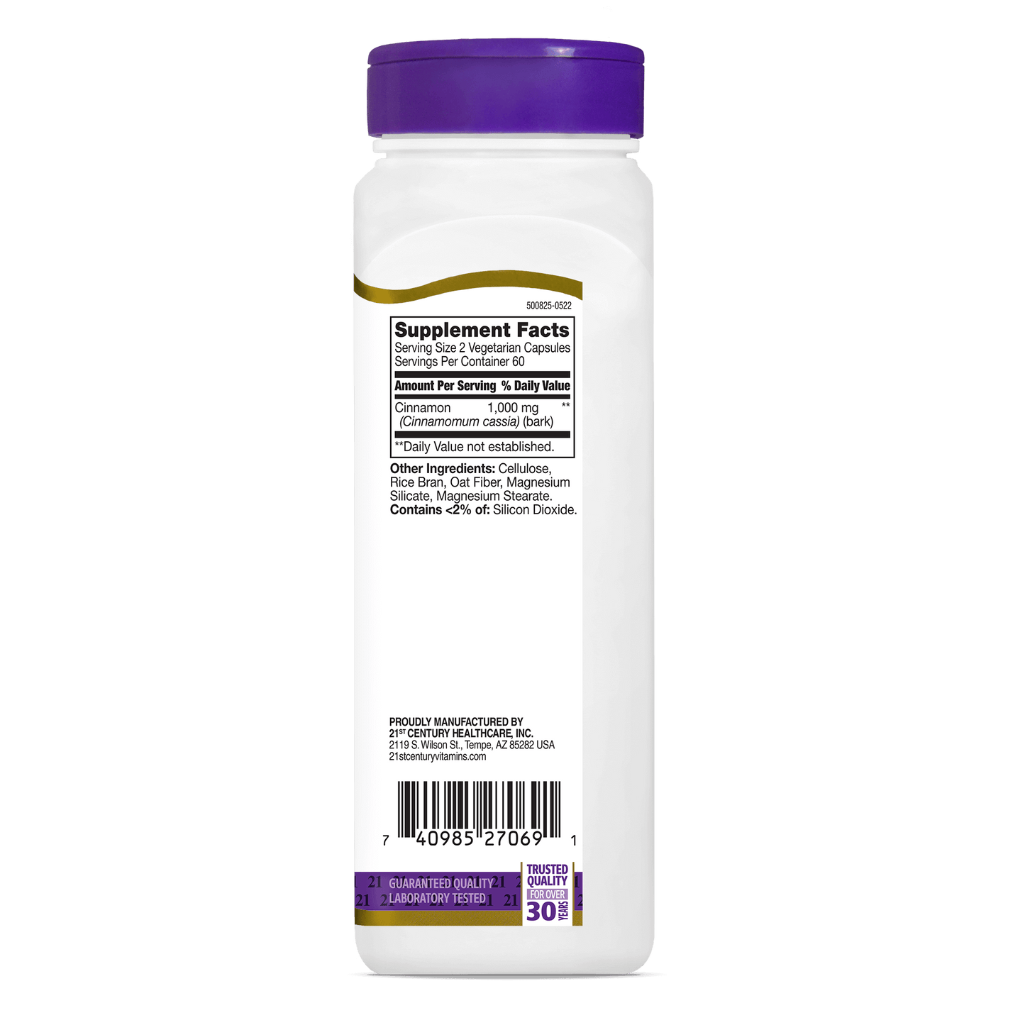 Right side bottle view of 21st Century Cinnamon 1000 mg vegetarian capsules.