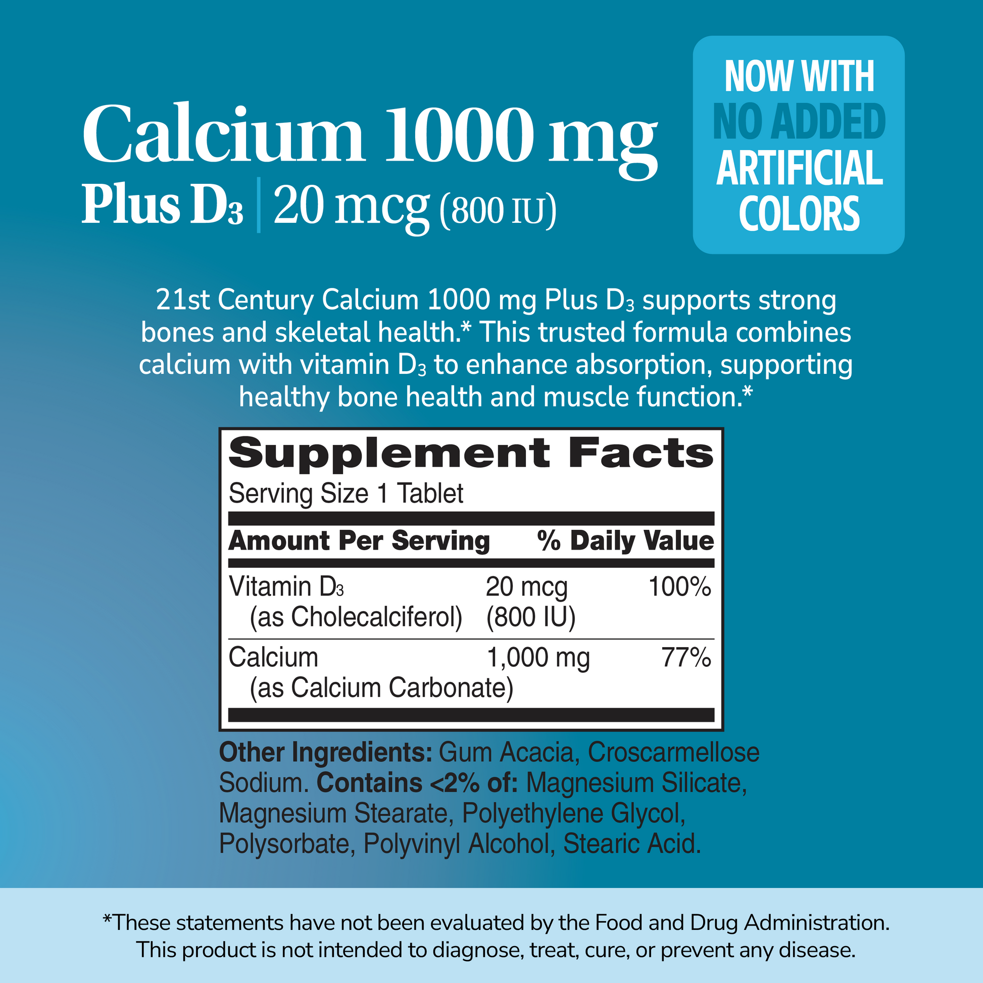 Supplement label for Calcium 1000 mg Plus D3 on a blue background