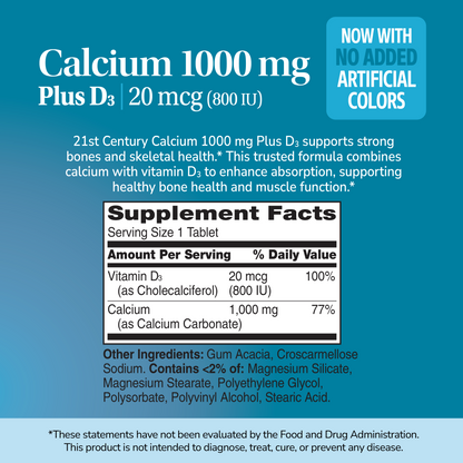 Supplement label for Calcium 1000 mg Plus D3 on a blue background