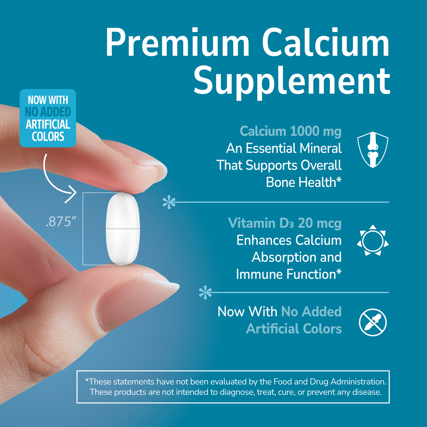 Premium Calcium Supplement advertisement with a hand holding a supplement tablet on a blue background.