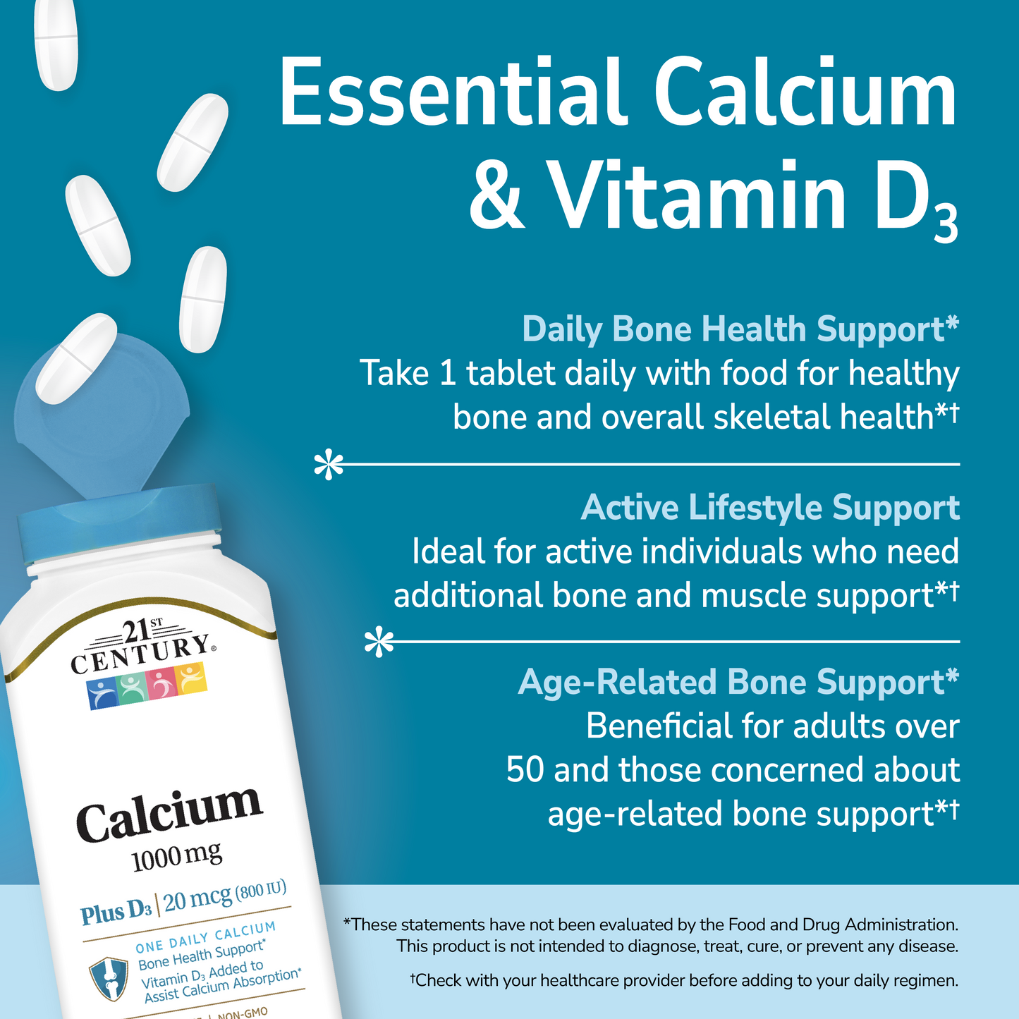 21st Century Calcium supplement bottle with text on a blue background