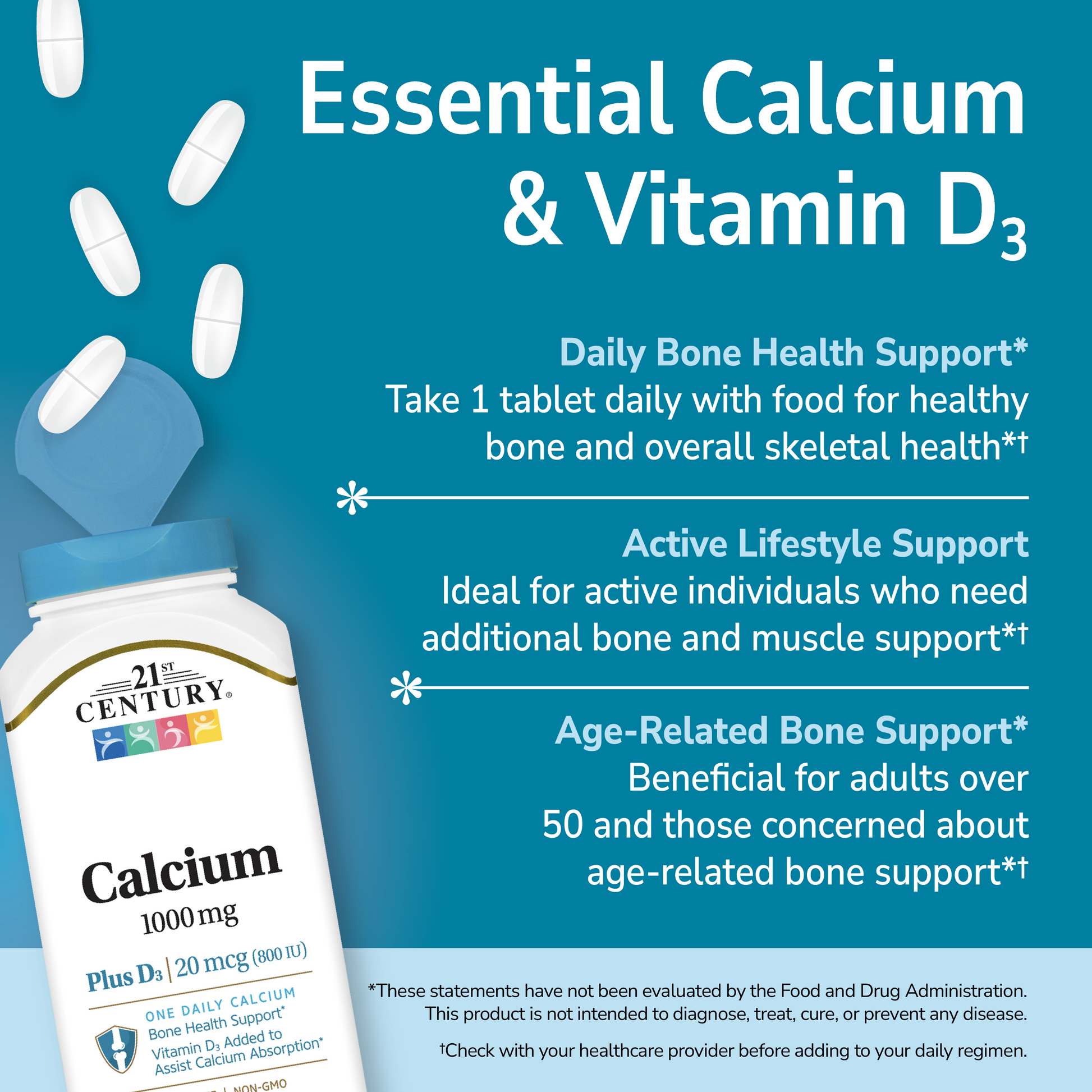 21st Century Calcium supplement bottle with text on a blue background