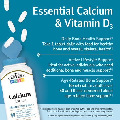 21st Century Calcium supplement bottle with text on a blue background