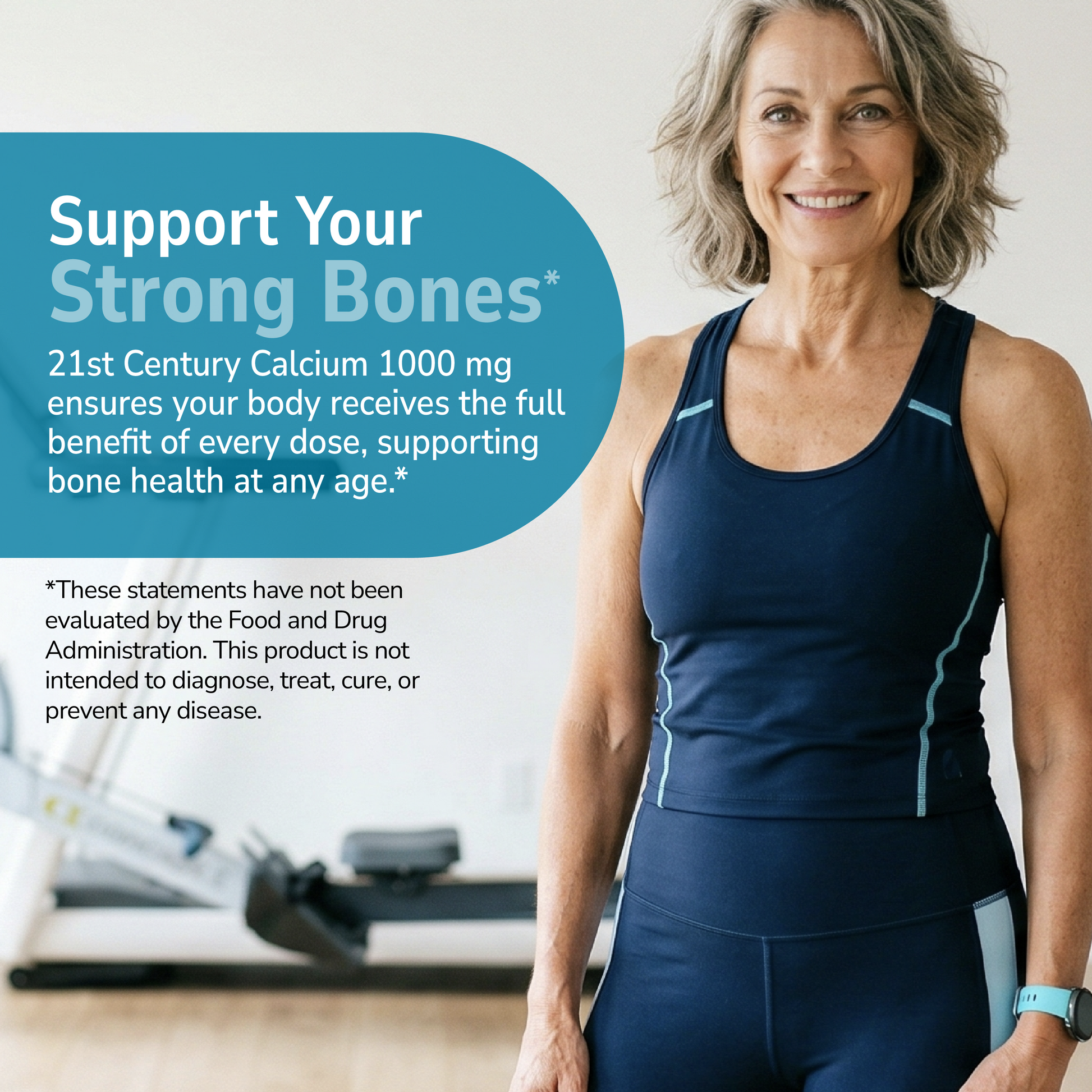 Woman in athletic wear promoting 21st Century Calcium product