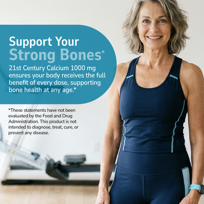 Woman in athletic wear promoting 21st Century Calcium product