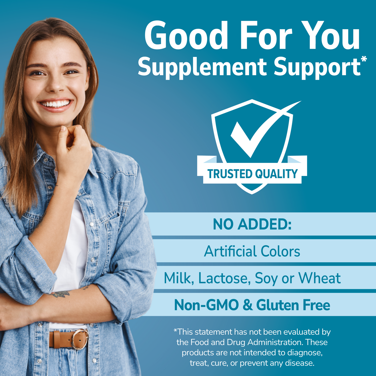 Woman with 'Good For You Supplement Support' text and logo on a blue background