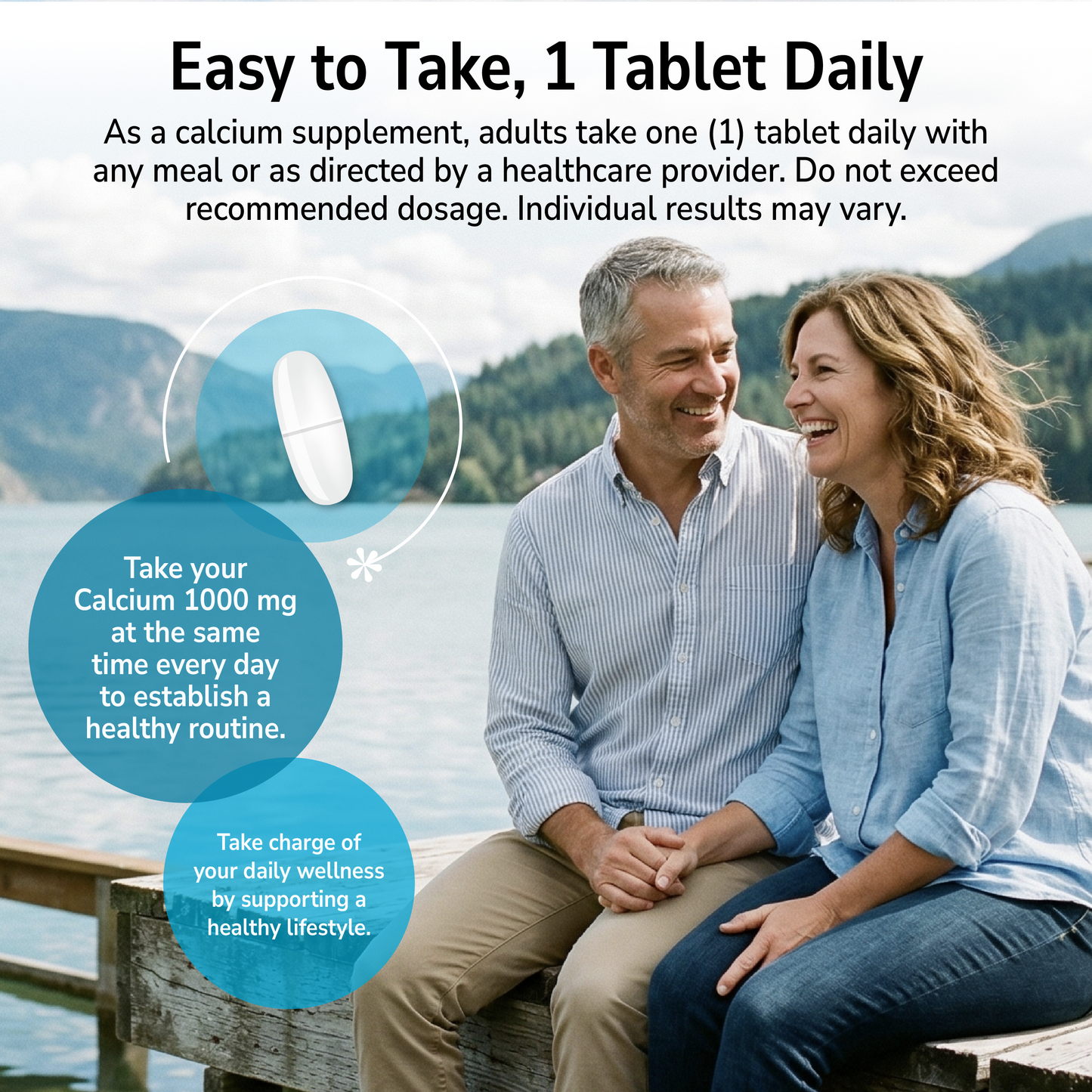 Couple sitting by a lake with health supplement information overlay