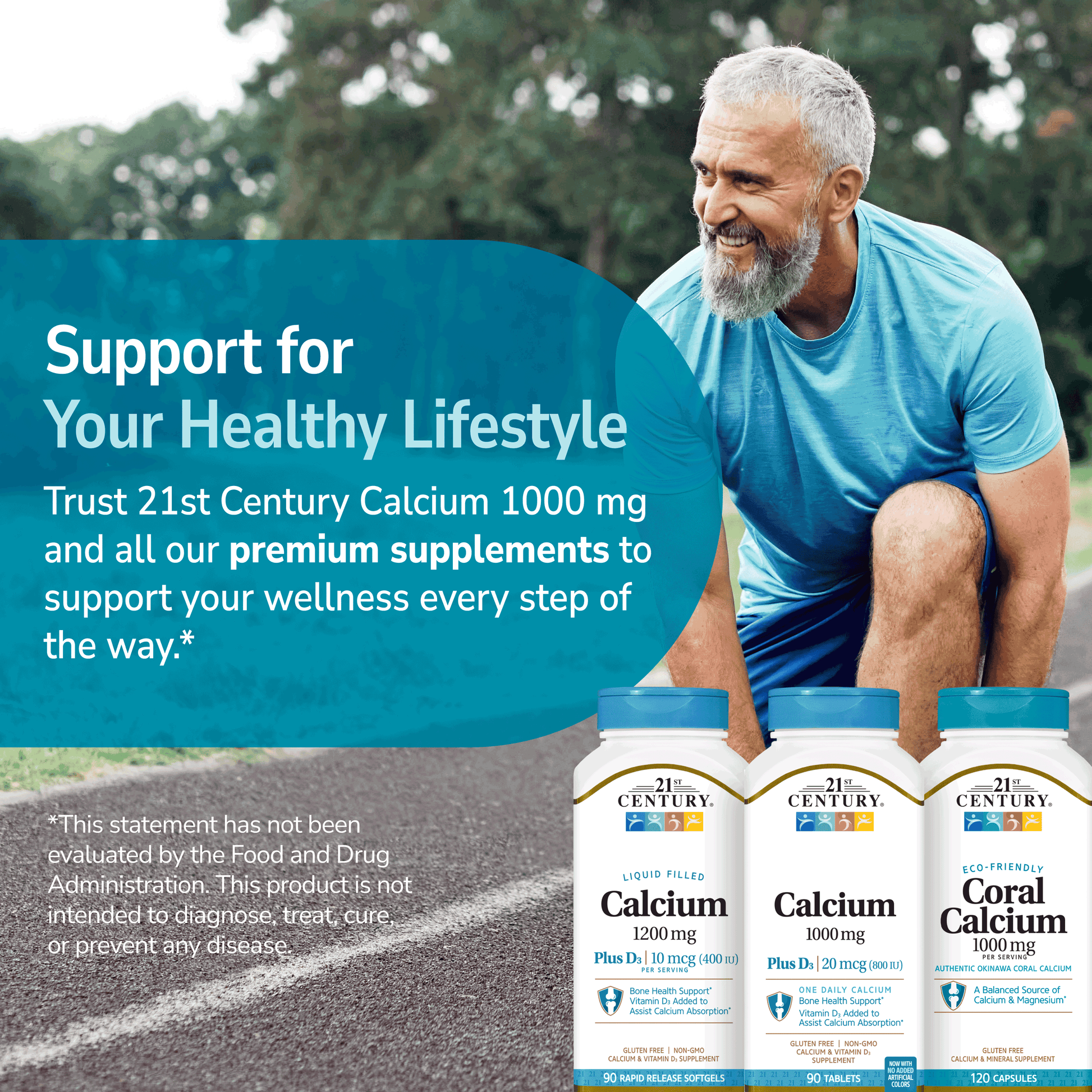 Man stretching with 21st Century Calcium supplement bottles, promoting a healthy lifestyle.