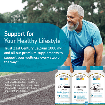 Man stretching with 21st Century Calcium supplement bottles, promoting a healthy lifestyle.