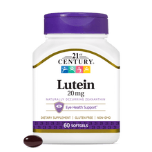 A bottle of 21st Century Lutein 20 mg softgels with a softgel in the foreground.