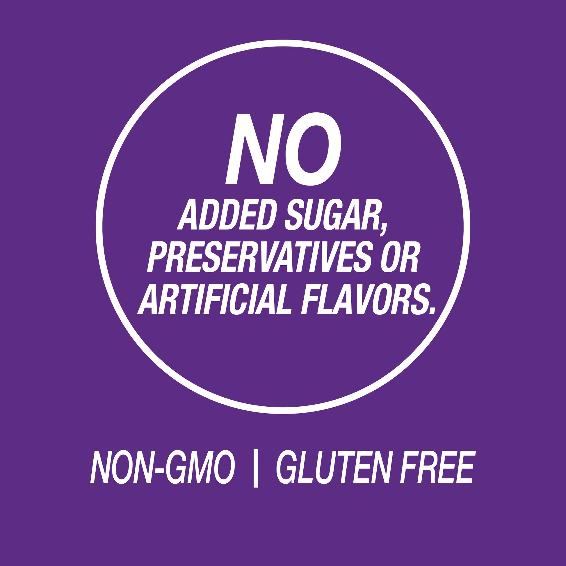 A graphic icon with the words no added sugar, preservatives or artificial flavors, non-GMO and gluten free.