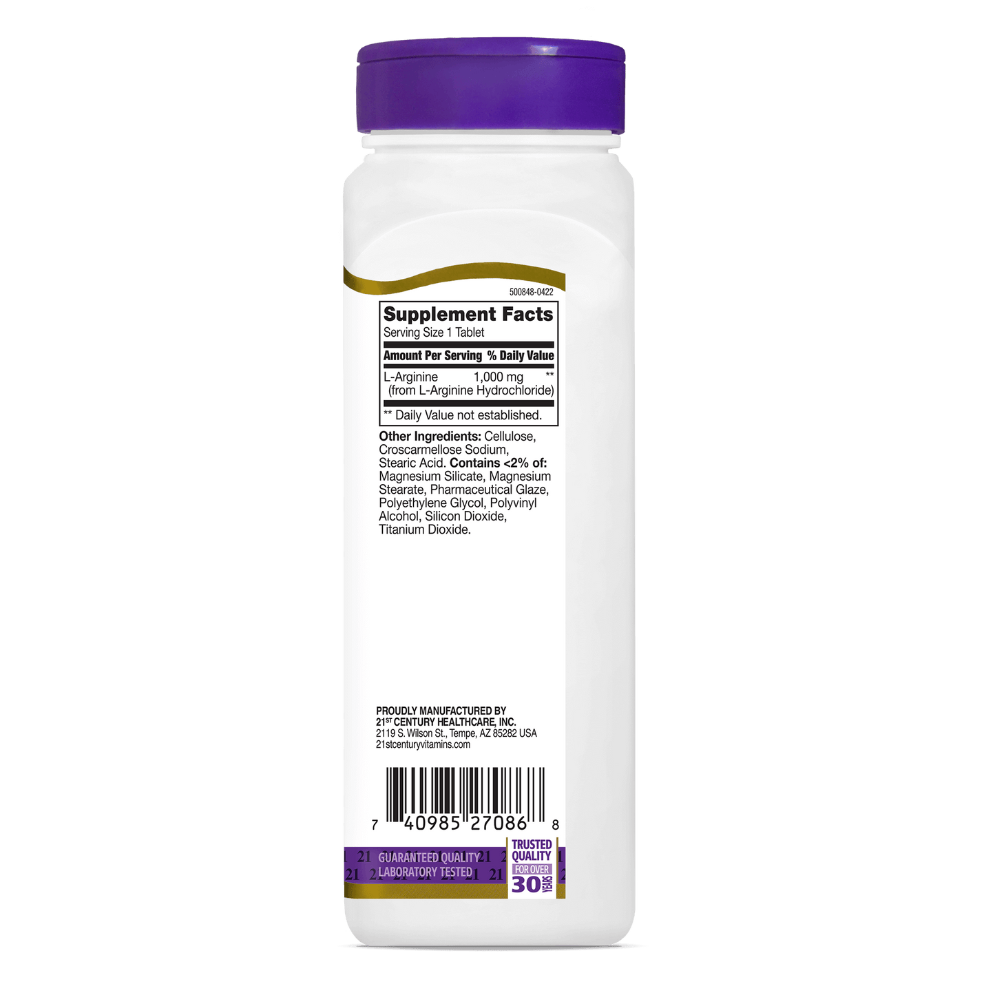 Right side view of 21st Century L-Arginine 1000 mg tablets.