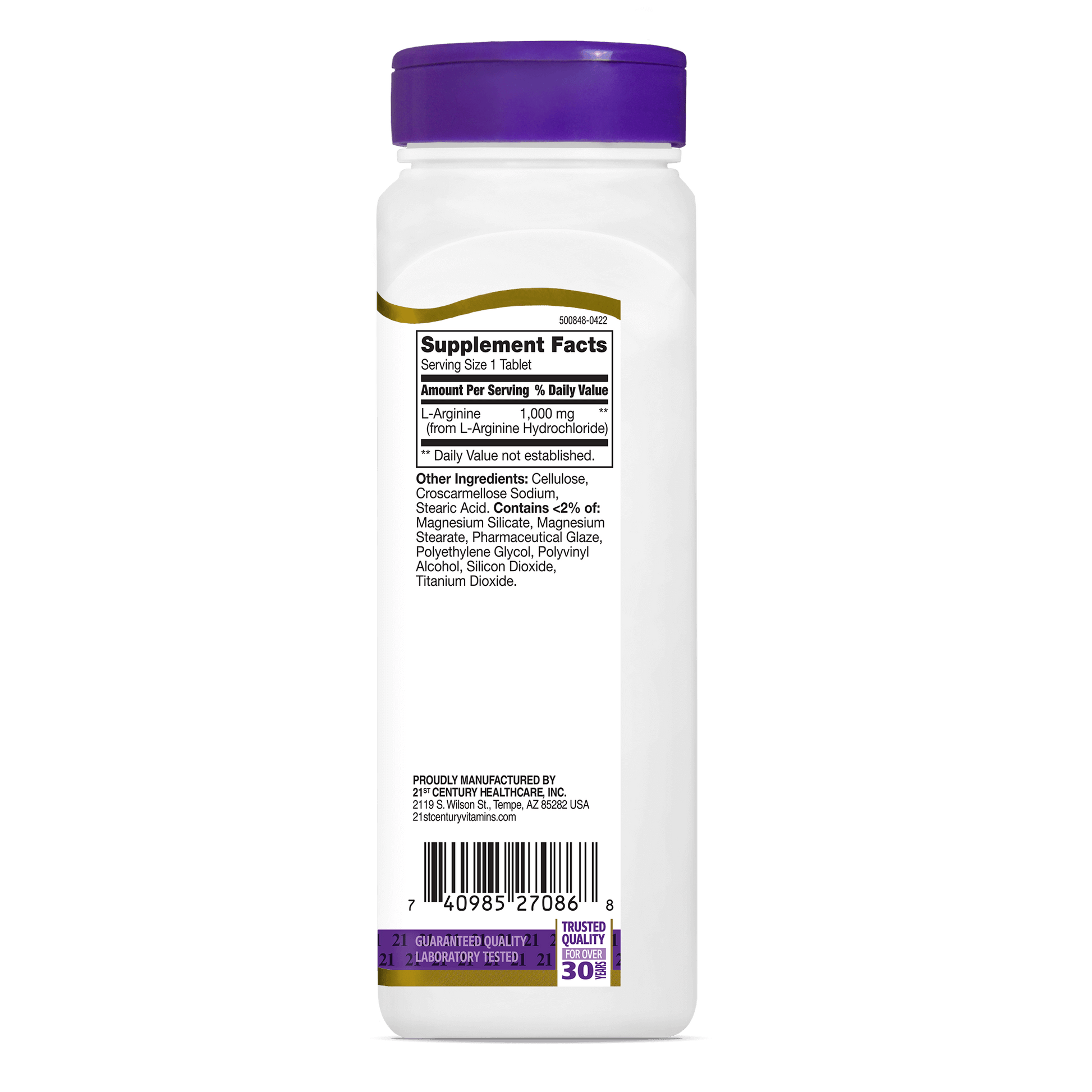 Right side view of 21st Century L-Arginine 1000 mg tablets.
