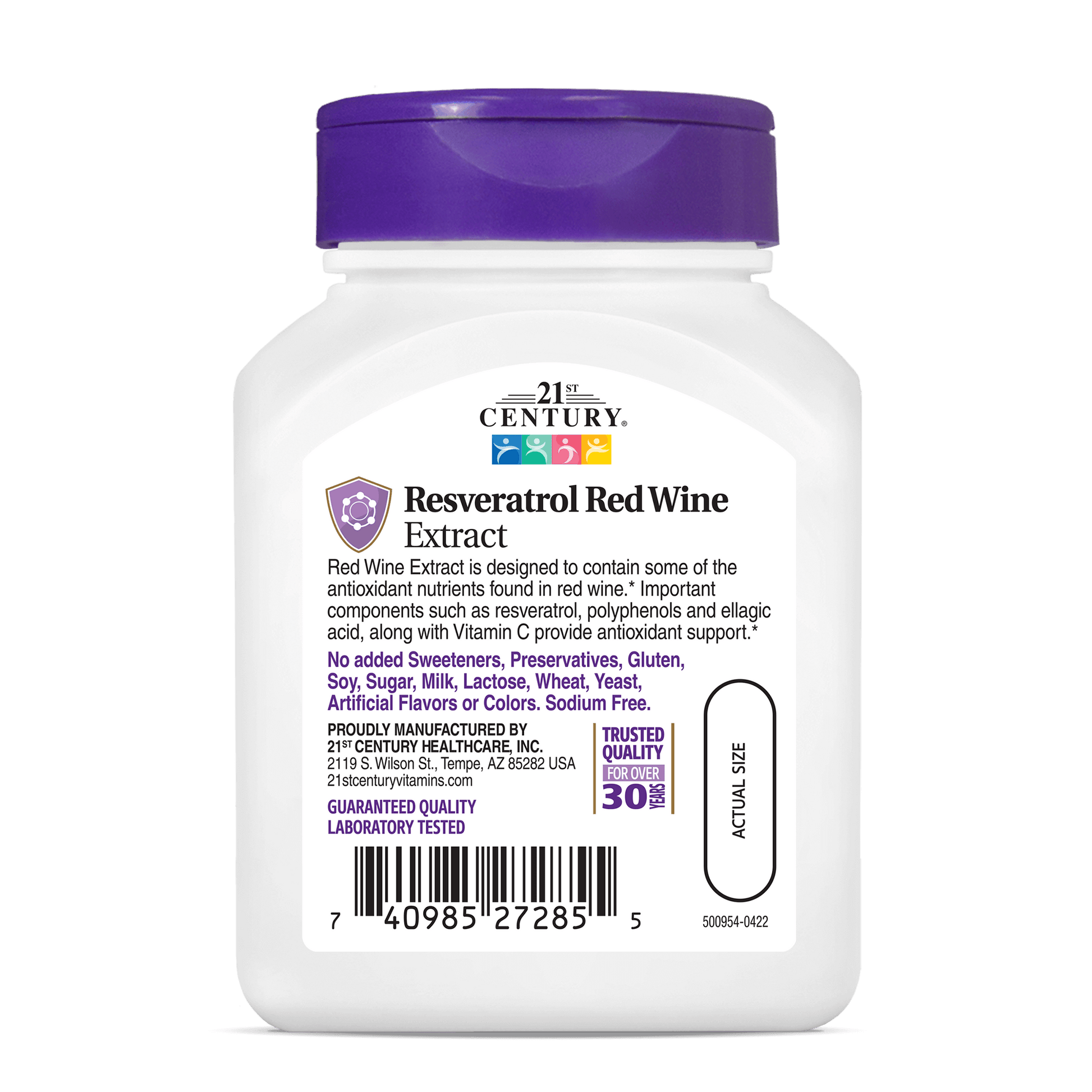 Back side bottle view of 21st Century Resveratrol Red Wine Extract.