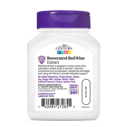 Back side bottle view of 21st Century Resveratrol Red Wine Extract.