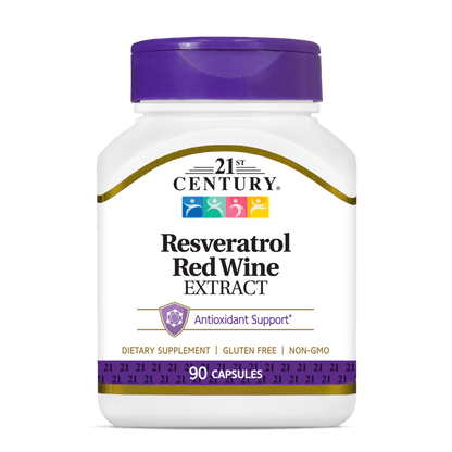 A bottle of 21st Century Resveratrol Red Wine Extract.