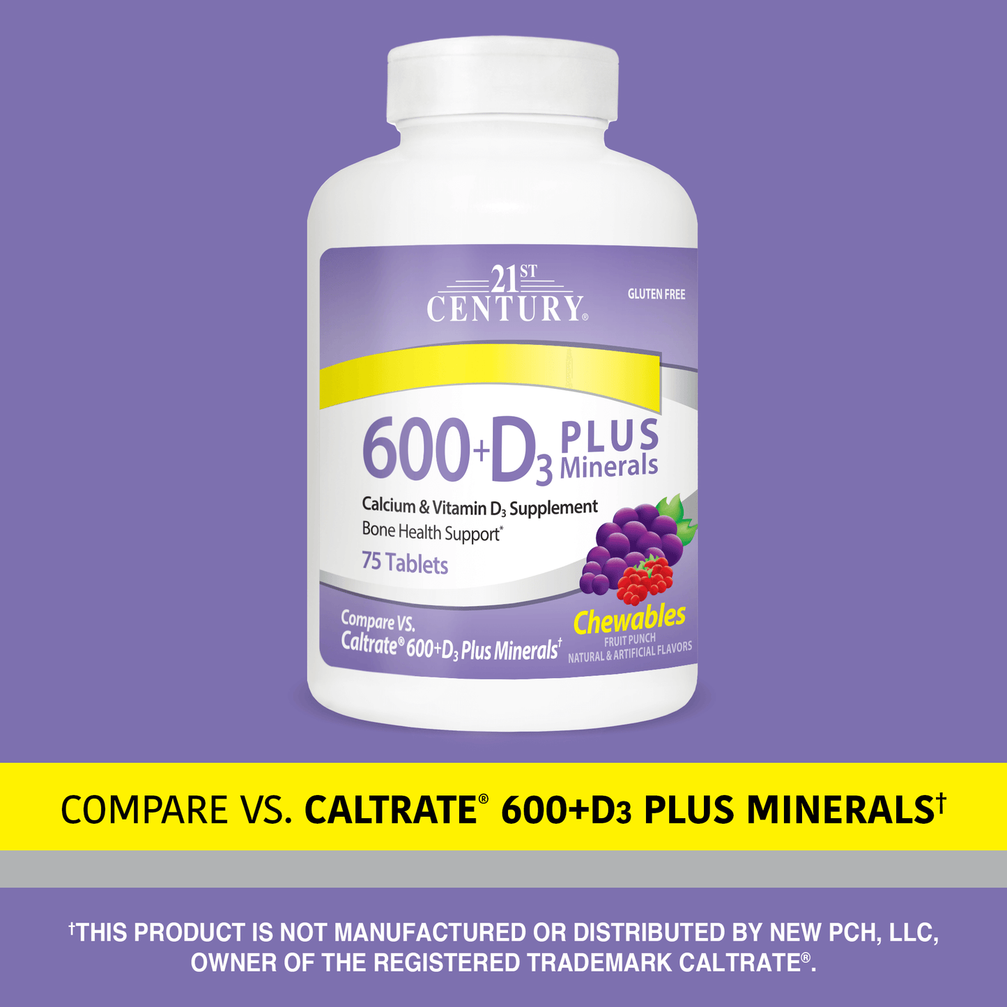 A bottle of 21st Century Calcium 600 plus D3 plus minerals chewable tablets with the words compare vs caltrate 600 plus D3 plus minerals.