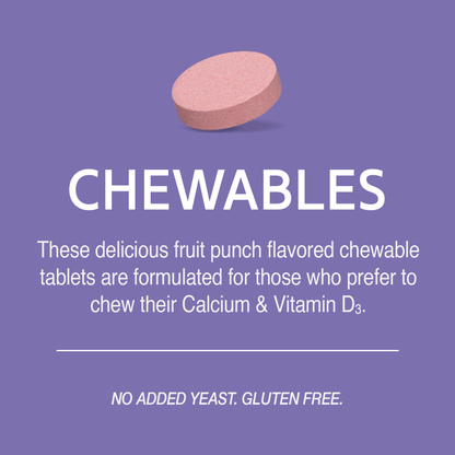 A Century Calcium 600 plus D3 plus minerals chewable tablets image with the words these delicious fruit punch flavored chewable tablets are formulate for those who prefer to chew their calcium and vitamin d3, no added yeast and gluten free.
