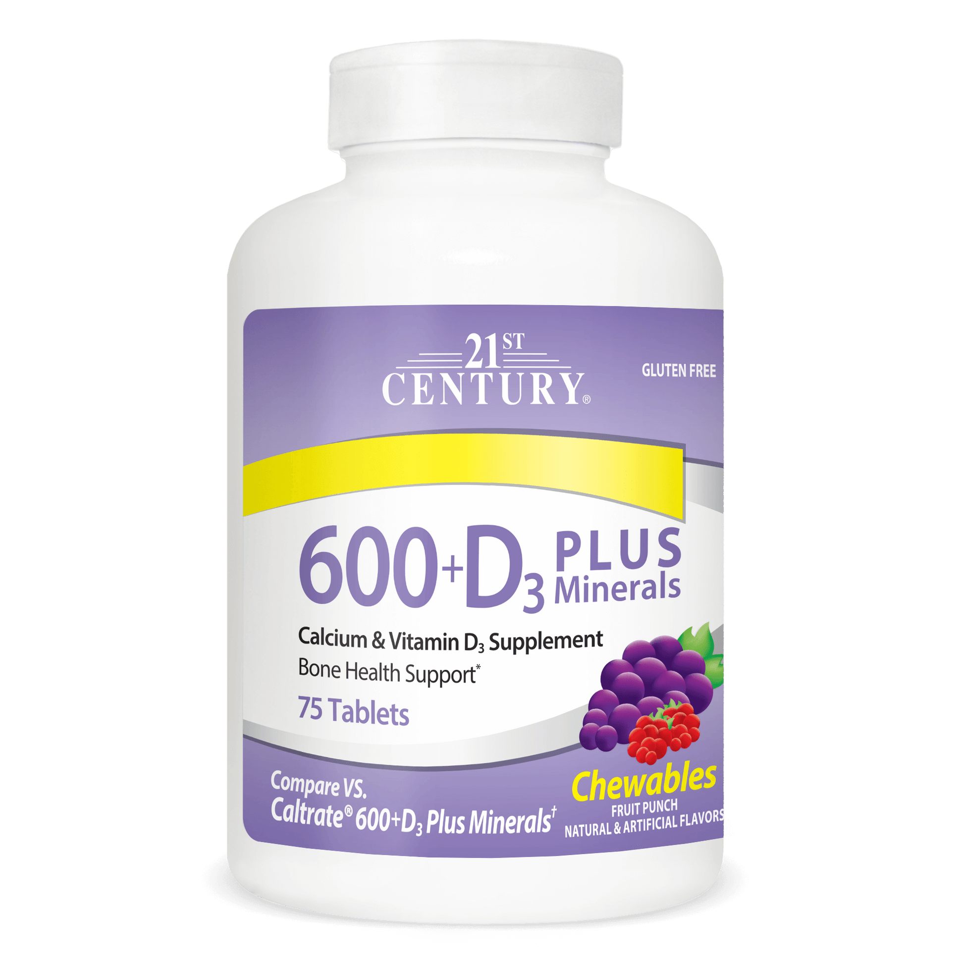 A bottle of 21st Century Calcium 600 plus D3 plus minerals chewable tablets.